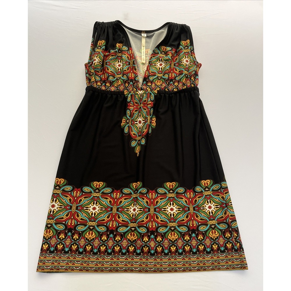 Uncle Frank Boho Empire Waist Dress M Black Multi Paisley Geometric Womens Y2K